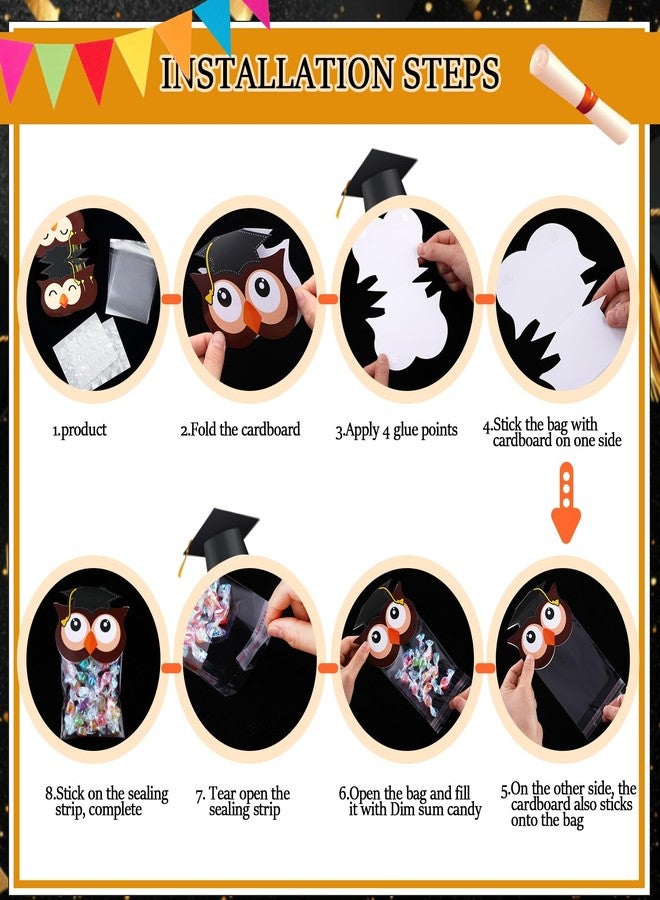 SilTriangle 48 Sets of Graduation Cap Owl Party Cellophane Treat Bags with Owl Toppers Cellophane Bags for Graduation Gift Classroom Party Decoration Supplies(Brown) - Image 3
